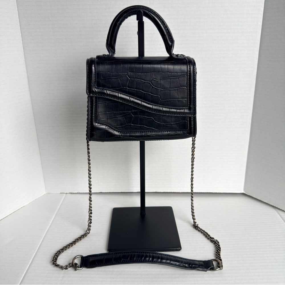 Zara Croc Embossed Mini Top Handle Bag with Chain Strap- Black